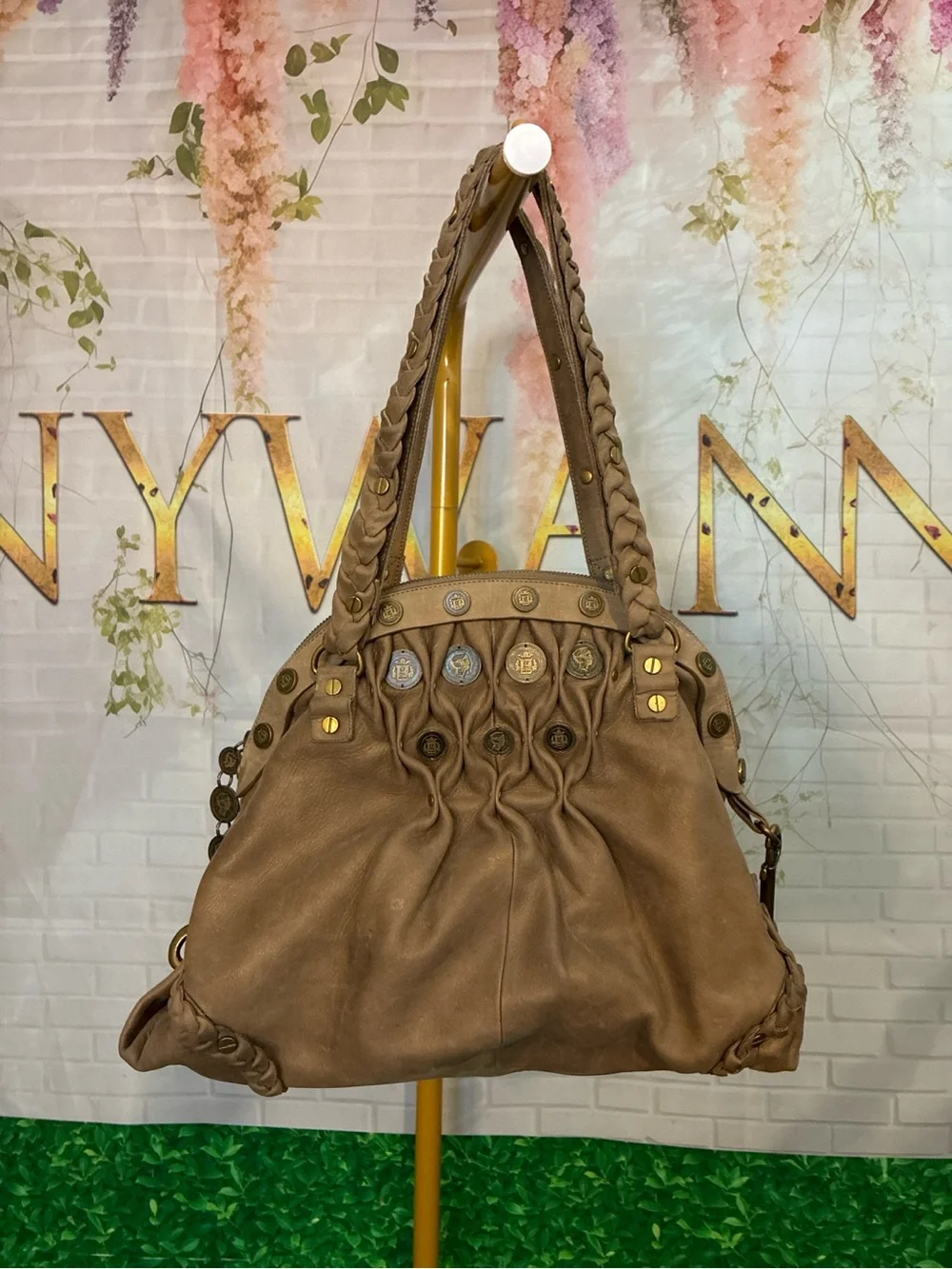 Vintage Cole Haan G series Leather Braided Handle Shoulder Bag in Taupe